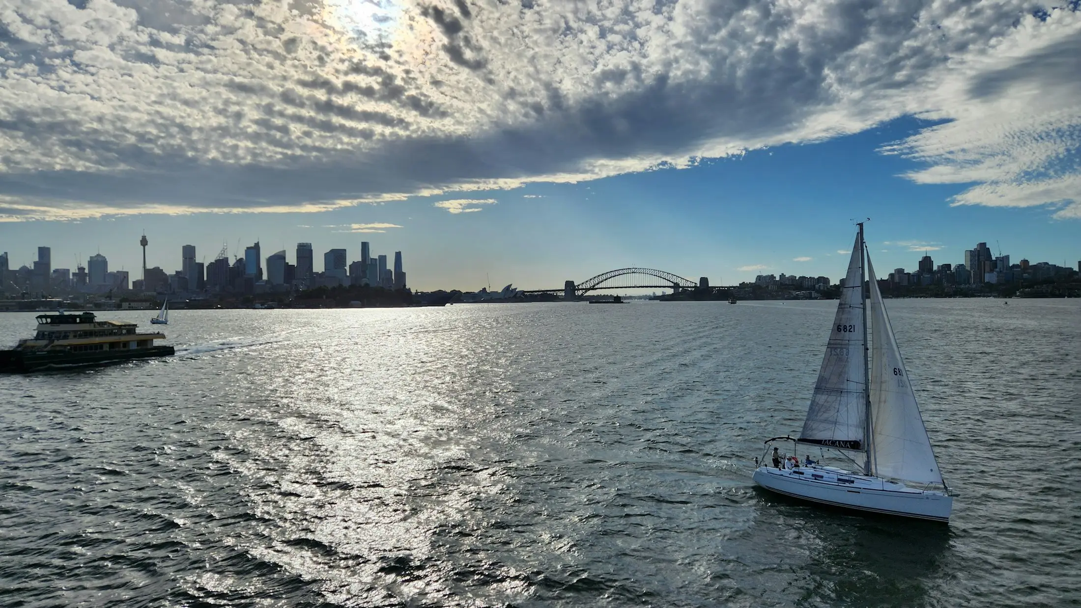 Yacht sailing on Sydney Harbour with the city skyline behind