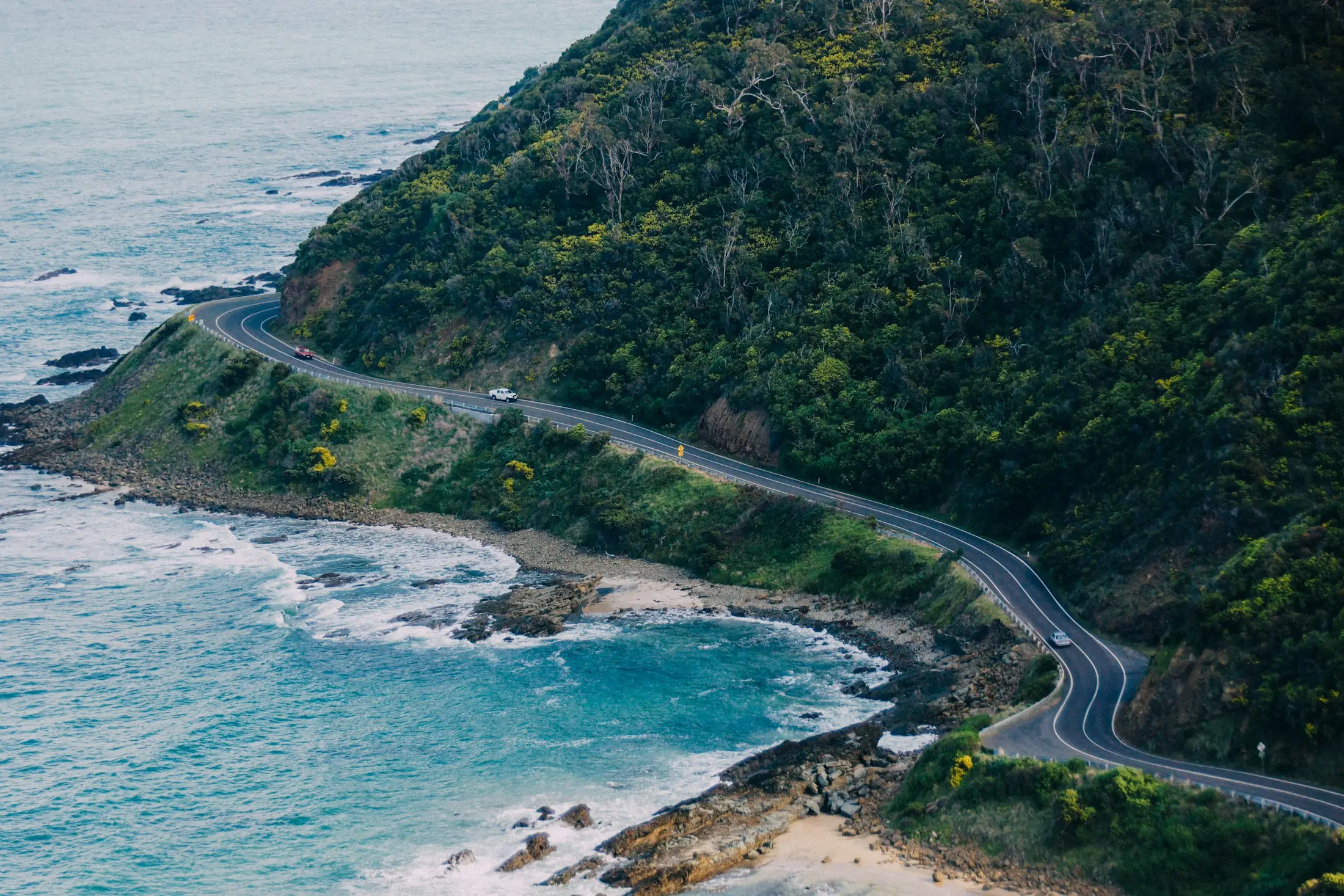 A winding coastal road hugging green bushland above turquoise surf – the kind of drive a new set of wheels is made for