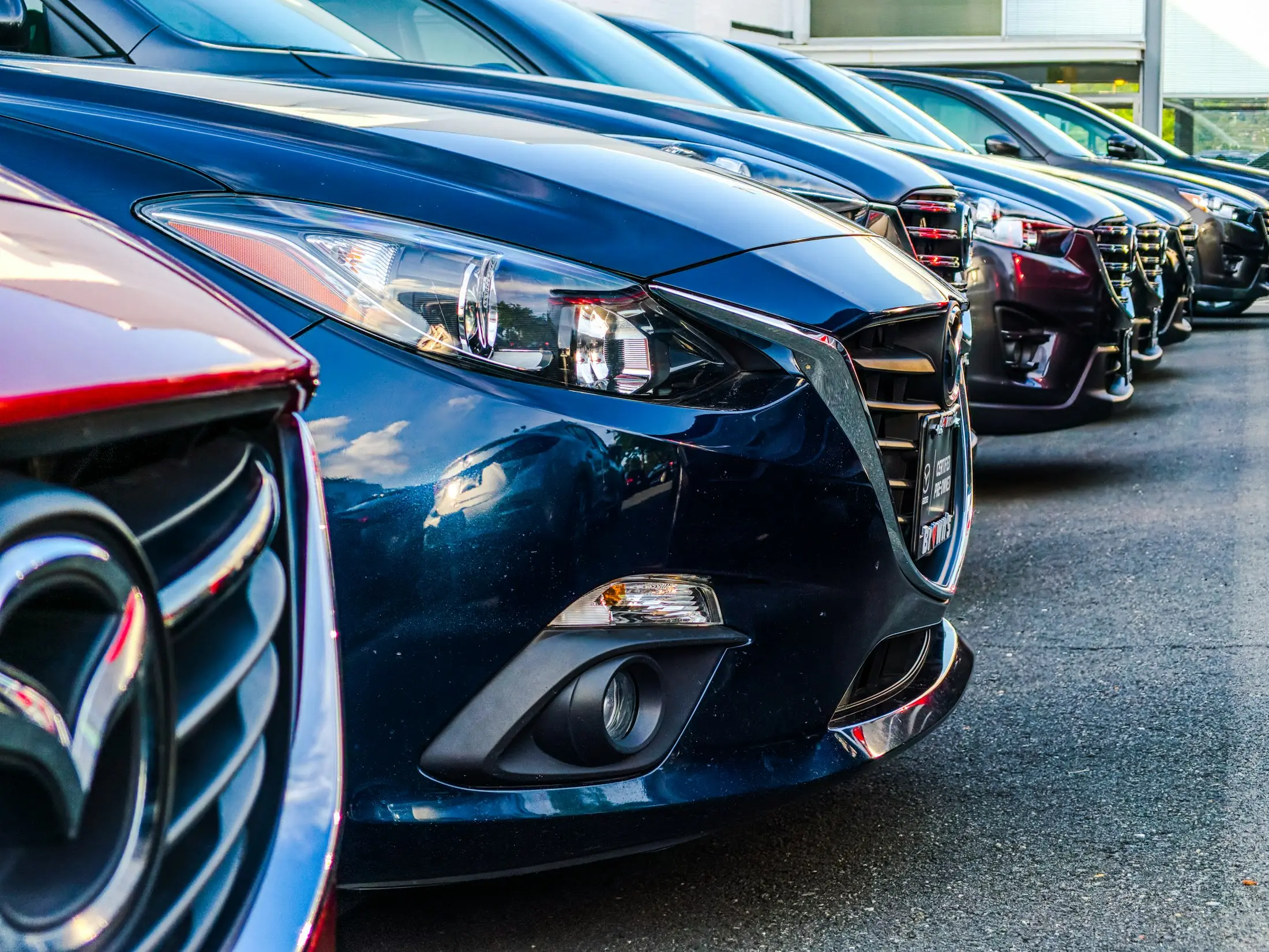 Row of new cars lined up on a dealer lot