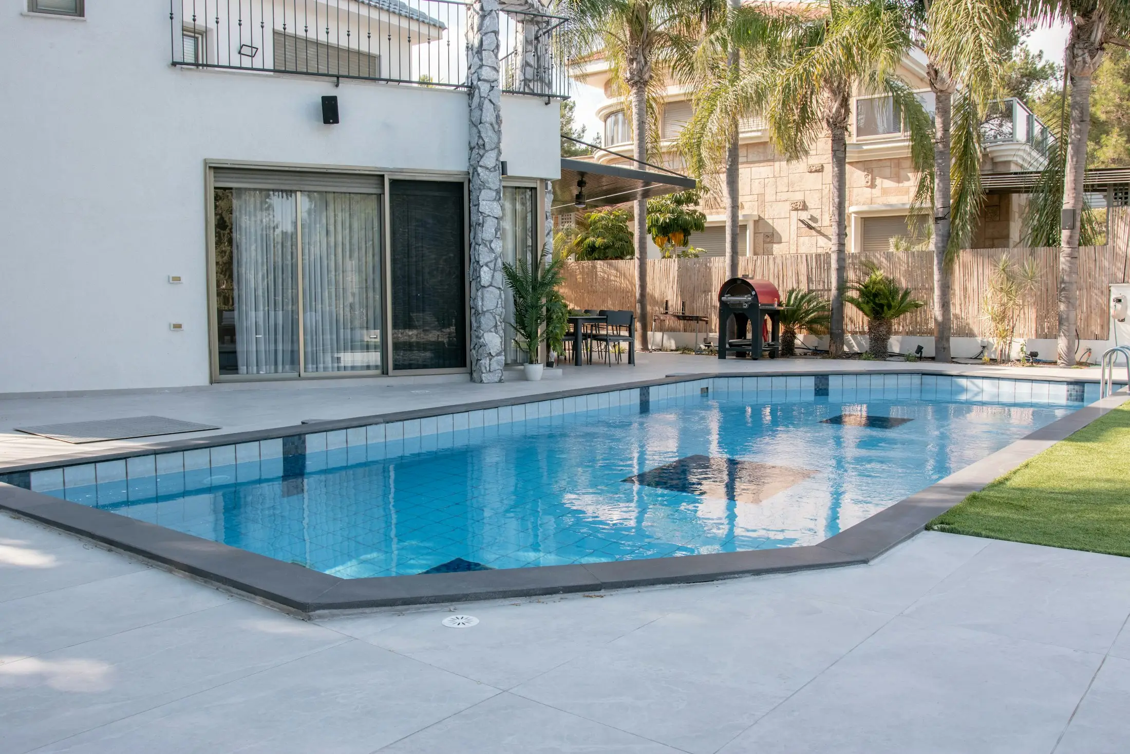 Modern home with a rectangular in-ground pool framed by palm trees