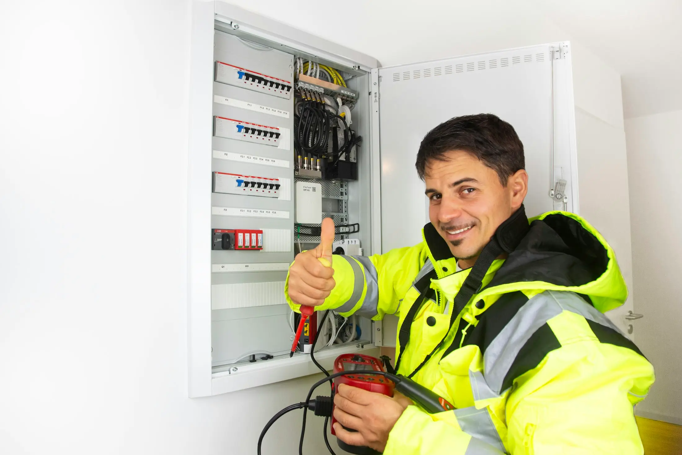 Electrician in a hi-vis jacket giving a thumbs up beside a switchboard